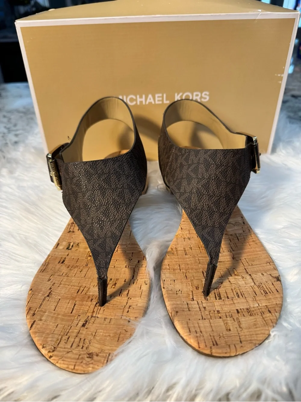 Michael Kors NEW Brown MK Logo Cork Thong Sandals with Gold Buckle